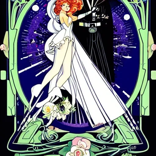 Art nouveau illustration, sailor moon and Darth Vader wedding