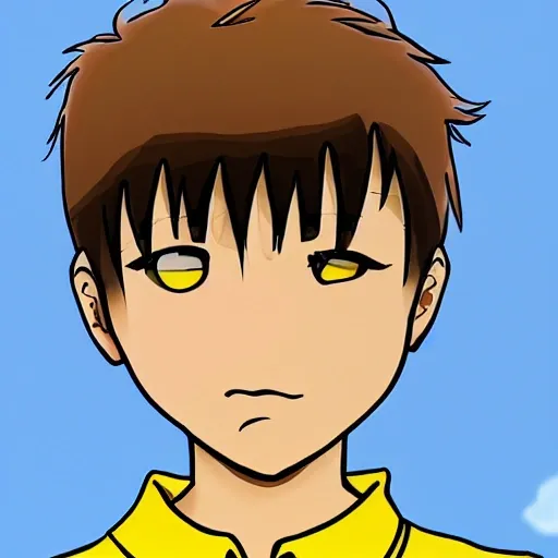 , Cartoon, anime, boy, white polo shirt, short hair, brow and yellow air , not nswk