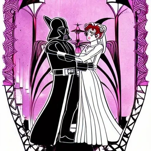 Sailor moon and Darth Vader wedding illustration, art nouveau style, hyper realistic 