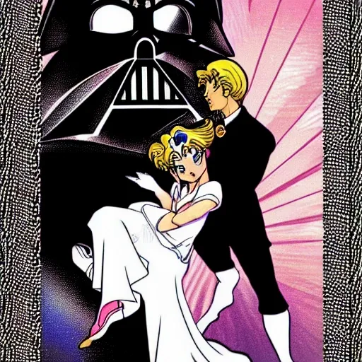 Sailor moon and Darth Vader wedding illustration, alphonse mucha style, hyper realistic 