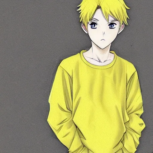 anime, boy, white sweatshirt , short hair, brow hair, yellow air , not nswk, , Pencil Sketch, 