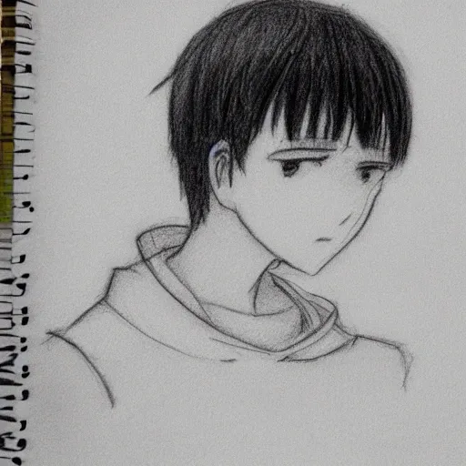 anime, boy, white sweatshirt , short hair, brow hair, not nswk, Pencil Sketch, 