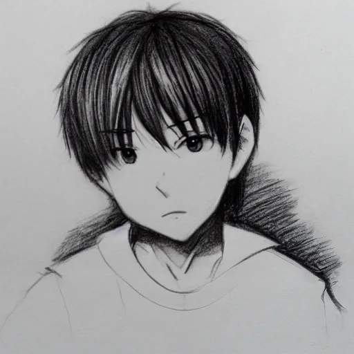 anime, boy, white sweatshirt , short hair, brow hair, not nswk, Pencil Sketch, 