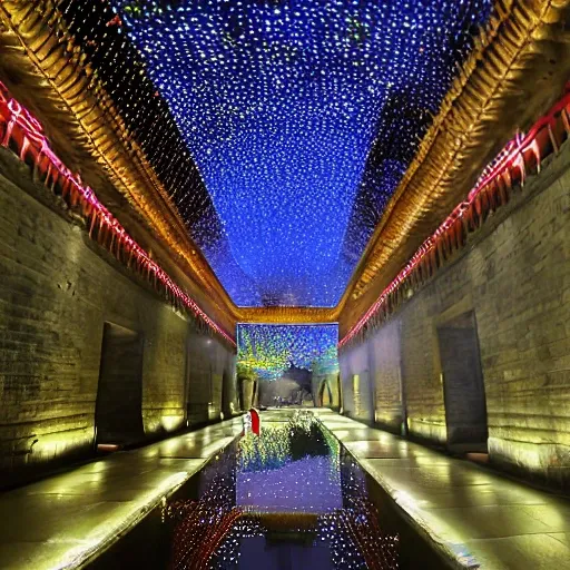 City Wall of Xi 'an, China，Tang dress beauty，starlight, 3D, Water Color