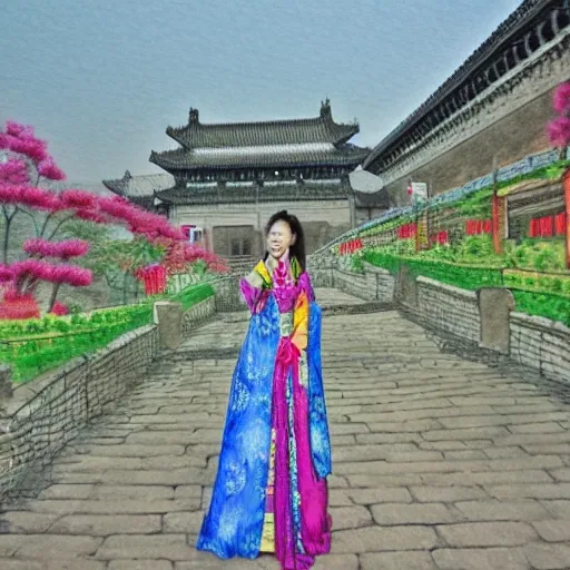 City Wall of Xi 'an, China，Tang dress beauty，starlight, 3D, Water Color