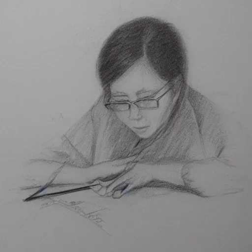 an  adult women, Pencil Sketch,chinese,wear a pair of glasses