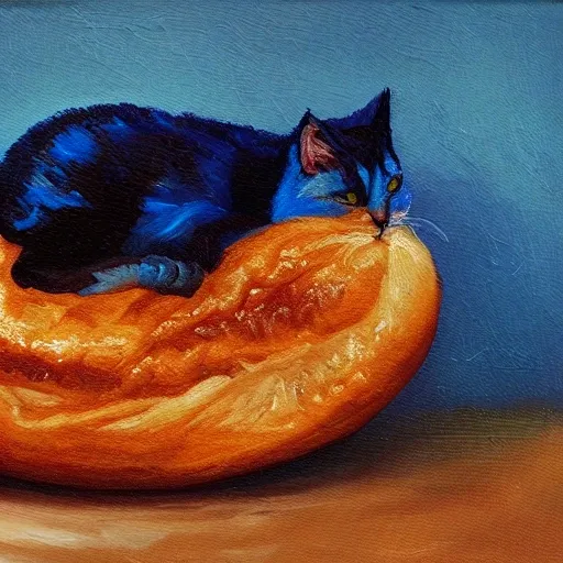 Blue Cat, bread loaf,, Oil Painting