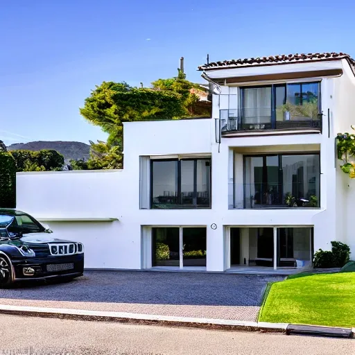 on a gentle grassy slope there is a 2-storey luxury villa, with a huge front garden with a luxury roman-style swimming pool in it, a fireplace, a garage and next to it, a paved lot as an open parking. the day is sunny and you can see the mountains in the background. the villa is minimalist. it is white with some black decorations on the facade. in the open parking there is a luxury car parked. in the front garden there are some bikes parked and there is also a lawnmower. the windows of the house are so clean that they shine and you can see the luxurious interior decoration.