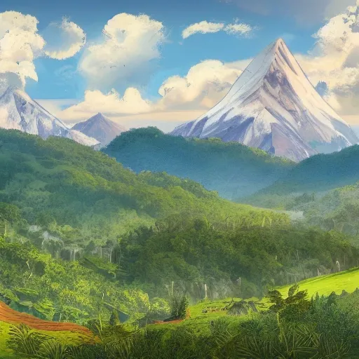 panoramic view of a mountain range in the distance, with lush green forests in the foreground, Cartoon