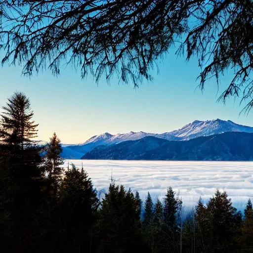 A breathtaking view of a mountain range in the distance, covered in snow and ice, with lush green forests in the foreground. The sun is setting, casting a warm orange glow over the landscape, and a river winds its way through the trees. The environment is serene and untouched, with no signs of human presence. The atmosphere is peaceful and calming, inviting the viewer to take a deep breath and enjoy the beauty of nature. Photography, shot with a telephoto lens to capture the detail of the distant mountains, --ar 16:9 --v 5