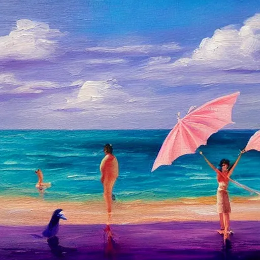 PLAYA, SUNAMI, CIELO VIOLETA, AVES, PEOPLE, BARCO, OLAS, Oil Painting