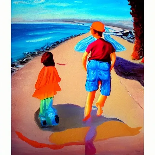 PLAYA, CHILDRENS, MAM, DAD, SKY ORANGE, CARS FLY, BUTTERFLY, Oil Painting