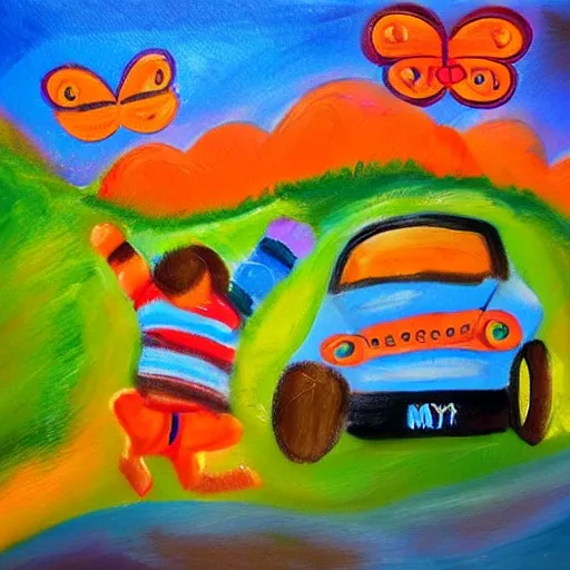 PLAYA, CHILDRENS, MAM, DAD, SKY ORANGE, CARS FLY, BUTTERFLY, Oil Painting