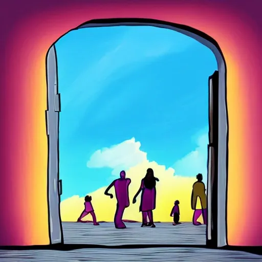 PUERTA ABIERTA LUZ, INTENSIDAD, MAR, CIELO OSCURO, PEOPLE, Cartoon