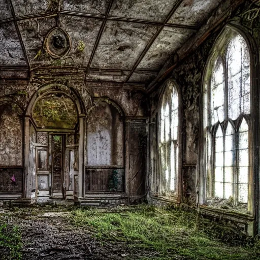 abandoned church, decay, backlit with hanging dust, soft colors, moss and mold, high detail, HDR