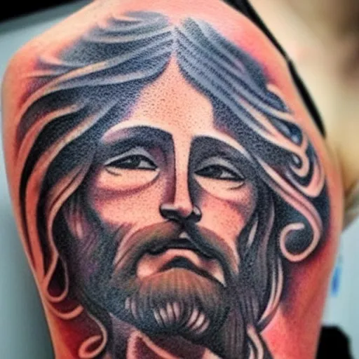tattoo on jesus, epic, colorful, beautiful, intricate detail