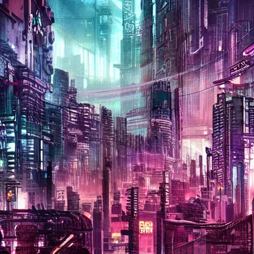 high-tech cityscape dystopian cyberpunk bursting with vibrant and extreme details midnight 