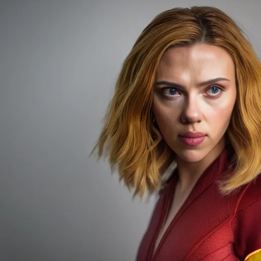 image of Scarlett Johansson, full head and shoulders, neutral background, longing look, Kunoichi's costume, looking straight into the lens, real photography fujifilm superia, full HD, taken on a Canon EOS R5 F1.2 ISO100 35MM --ar 4:3 --s 750 --q 2