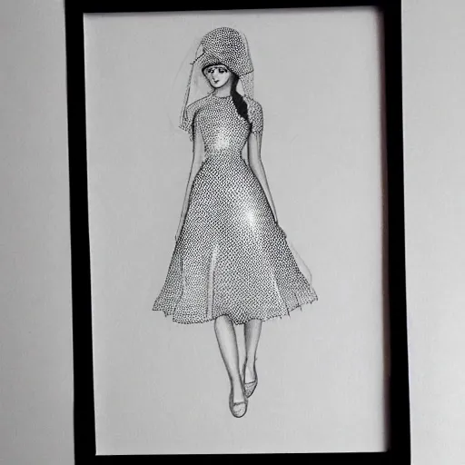 A beautiful veiled girl in a transparent black dotted dress with a white hat in her hand
, Pencil Sketch, 3D