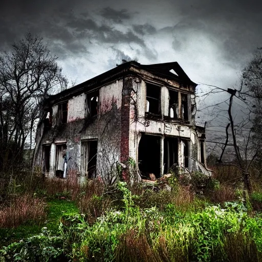 Abandoned house, ruin, mold, climbing plants. Realism, ultra realism, HDR, bleak and unhealthy environment.