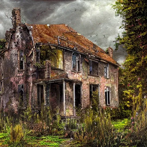 Abandoned house, ruin, mold, climbing plants. Realism, ultra rea ...