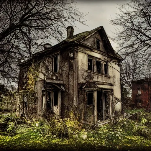 Abandoned house, ruin, mold, climbing plants. Realism, ultra realism, HDR, bleak and unhealthy environment., 3D