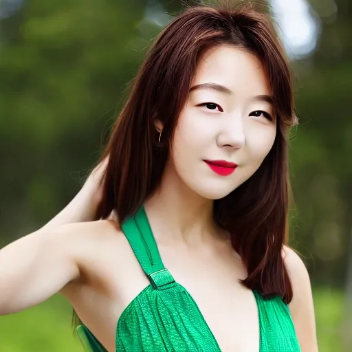 Korean woman, tigth green dress, sunlight, perfect body, beautiful, long hair, photo, hq, full front view