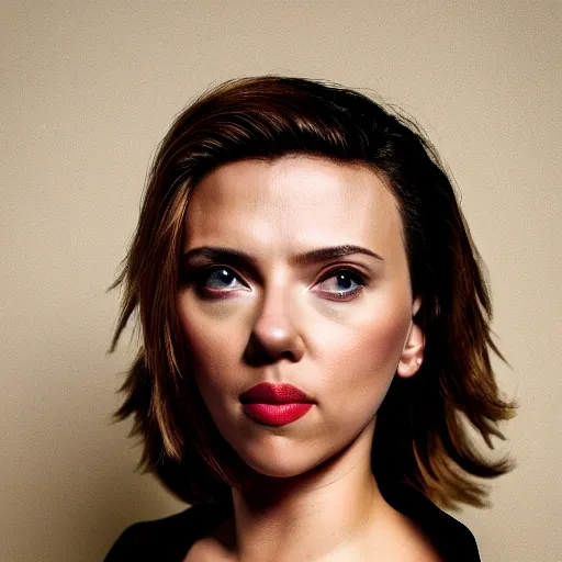 image of Scarlett Johansson, full head and shoulders, neutral background, longing look, Kunoichi's costume, looking straight into the lens, real photography fujifilm superia, full HD, taken on a Canon EOS R5 F1.2 ISO100 35MM --ar 4:3 --s 750 --q 2