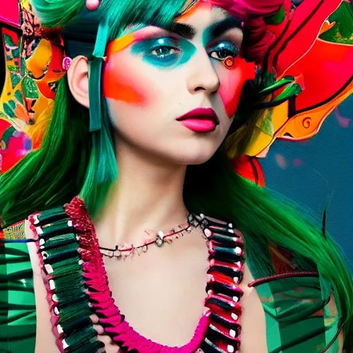 In the afternoon, the creative woman painting in her studio with green hair and wearing an apron in style of Frida Kahlo. Sexy and dreamy. Intricate details. 22yo model. Beautiful. Cinematic lighting, 8K, sharp details. RAW image. High quality, Fine-art print, HQ. Hypermaximalist, hyperdetailed, award-winning fashion photography, professional colour grading, clean sharp focus. Significant textile textures. Professional color grading. Crystal clear feel. Clean sharp focus. High-end retouching. Fashion magazine photography. Award winning photography. Advertising photography. High Quality. High resolution, max details, real life, Trippy, Trippy