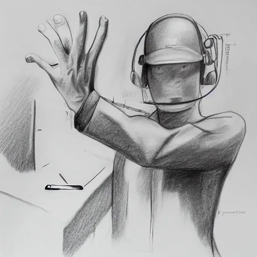 6 hands, hyperrealistic man, dressed in safety equipment, each of his hand takes or put document., Pencil Sketch, Cartoon