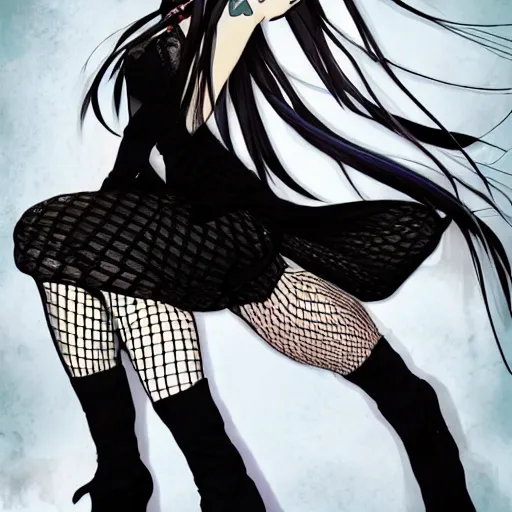 An anime female, long black flowing hair, big brown eyes, intensely happy gaze, big smile, wearing a black gothic dress, fishnet stockings, black boots