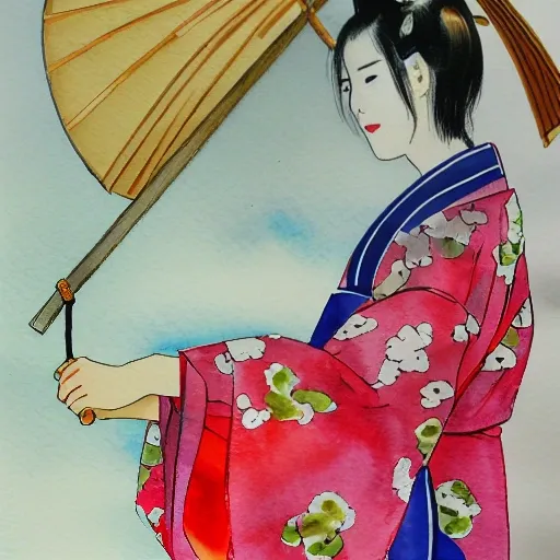 yukata,japanese umbrella, Water Color