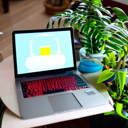 A tiny robot programming at a laptop. Bright colors, workshop with lots of plants, natural sunlight, playful