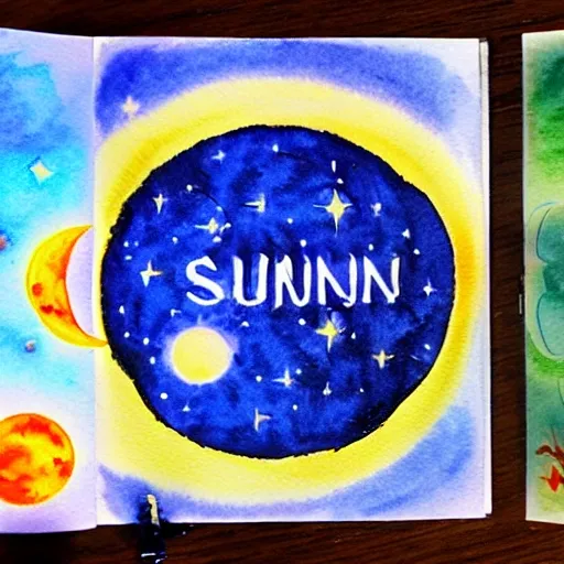 make a children's book cover whit the name  The sun and the moon
 , 3D, Water Color