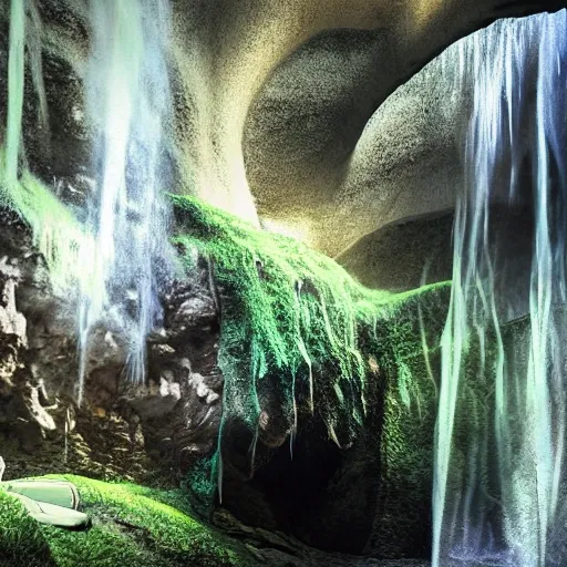 high resolution digital image, modern viking, rendered caveman, cavern with waterfall