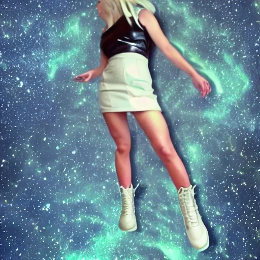 a realistic photo of a blonde woman in the space with black combat boots
, Trippy, 3D