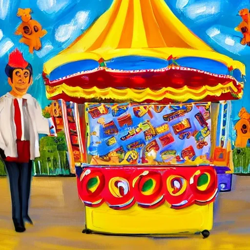 Prompt 2: Generate an image of a Spanish fairground stall with a
tombola game, in which the speaker is Pedro Sanchez, the president of
the Spanish government. The tombola should be filled with brightly
colored prizes such as teddy bears, candies, and toys. Make the image
vibrant and full of life, with crisp and defined details., Oil Painting