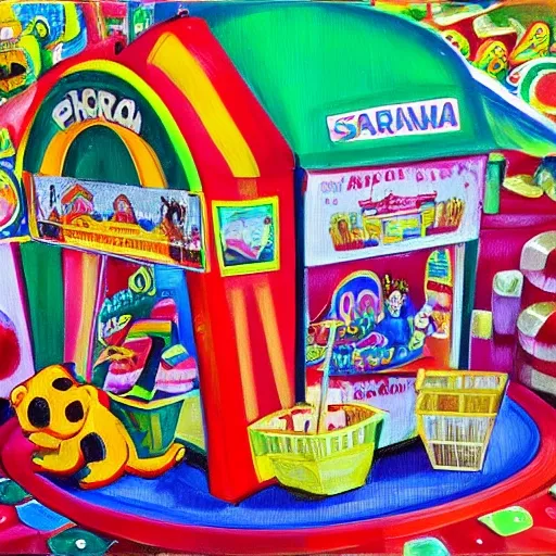 Prompt 2: Generate an image of a Spanish fairground stall with a
tombola game, in which the speaker is Pedro Sanchez, the president of
the Spanish government. The tombola should be filled with brightly
colored prizes such as teddy bears, candies, and toys. Make the image
vibrant and full of life, with crisp and defined details., Oil Painting, Pencil Sketch