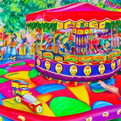 Prompt 2: Generate an image of a Spanish fairground stall with a
tombola game, in which the speaker is Pedro Sanchez, the president of
the Spanish government. The tombola should be filled with brightly
colored prizes such as teddy bears, candies, and toys. Make the image
vibrant and full of life, with crisp and defined details., Oil Painting, Pencil Sketch, Trippy