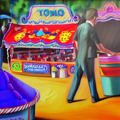 Prompt 2: Generate an image of a Spanish fairground stall with a
tombola game, in which the speaker is Pedro Sanchez, the president of
the Spanish government. The tombola should be filled with brightly
colored prizes such as teddy bears, candies, and toys. Make the image
vibrant and full of life, with crisp and defined details., Oil Painting, Pencil Sketch, Trippy, Oil Painting