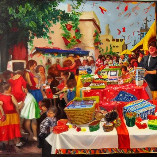 tombola, sortelo de regalos, fiestas populares españolas, Oil Painting