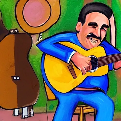crear una caricatura de gaucho argentino tocando la guitarra con el estilo de  Florencio Molina Campos
