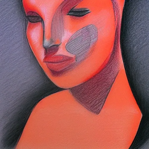 woman, abstract, orange, realist, Pencil Sketch, 3D