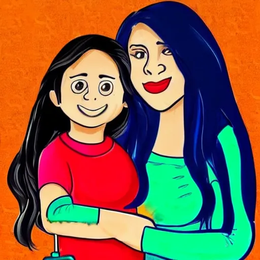 A latina mom with her kid, cute drawing, realistic, base colors are red and blue, Trippy