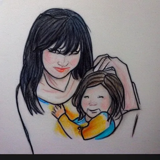 mom with her kid, cute drawing, realistic, base colors are red a ...