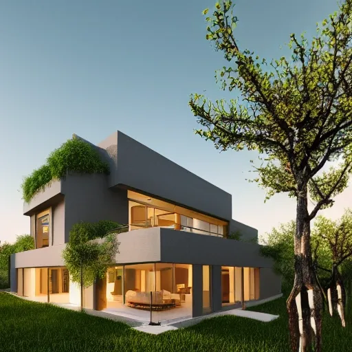 render of a beautiful modern home designed for cozy aesthetics!, energy efficiency and maximizing plants and greenery, cg render, golden light, high resolution, professional, Trippy