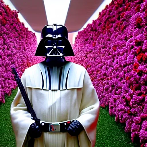 the character darth vader is standing still, in addition to his familiar clothes he wears a gucci coat, in the background we have a wall full of flowers in vibrant colors, and around him more flowers, the image style is the same as the director's photography cinema Wes Anderson, all very realistic