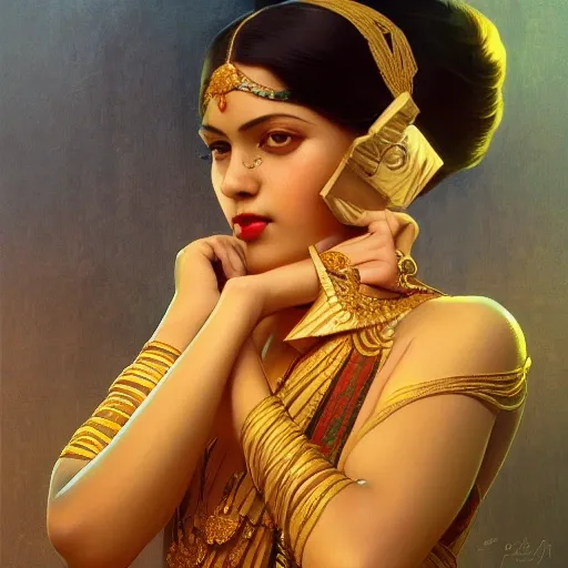 sensual bengali girl, art deco portrait, elegant, intricate, digital painting, artstation, concept art, smooth, sharp focus, illustration, art by artgerm and greg rutkowski and alphonse mucha 