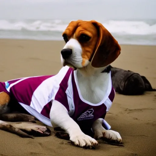 Beagle dog laying down on a beach with a tshirt of Saprissa