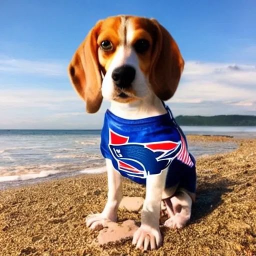 Beagle dog laying down on a beach with a tshirt of the new england patriots